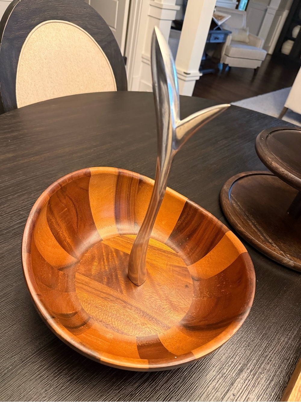 Nambe Teak Two-Tone Wood Bowl with Sculpted Silver Handle